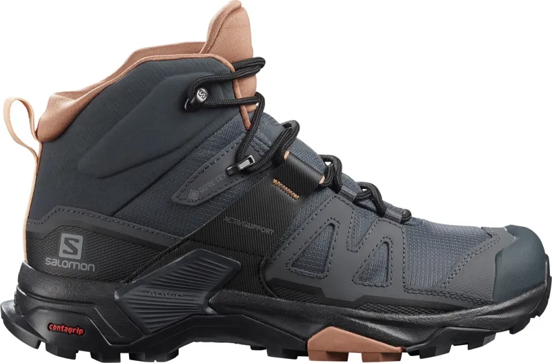 Salomon Womens X Ultra 4 Mid GTX Hiking Shoes - Ebony-Mocha Mousse-Almond Cream-1